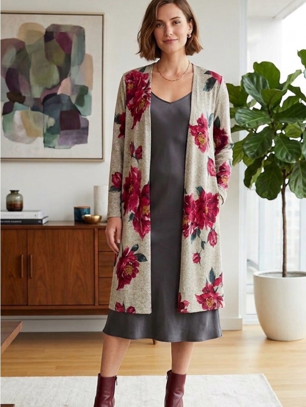 Floral Open-Front Sweater Cardigan